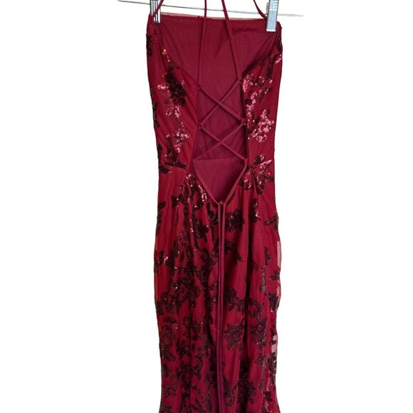 Sequined Burgundy Halter Evening Gown With Floral Embellishments & Lace-Up Back - Picture 3 of 6
